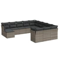 12-delige Loungeset met kussens poly rattan grijs - thumbnail
