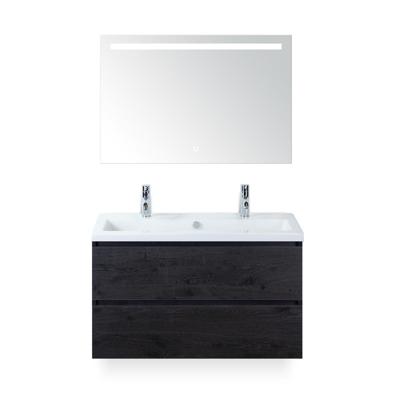 Vogue Badmeubelset 100 cm - Greeplijst in kleur - Black Oak - Keramische Wastafel Wit 2 kraangaten - met Sence Spiegel