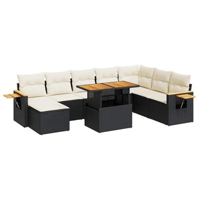 9-delige Loungeset met kussens poly rattan acacia zwart
