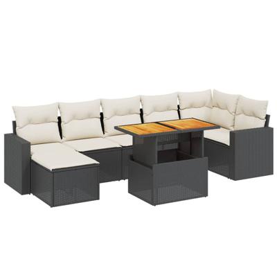 8-delige Loungeset met kussens poly rattan zwart