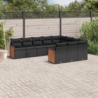 10-delige Loungeset met kussens poly rattan zwart - thumbnail