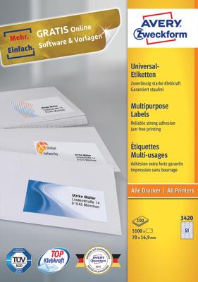 Avery Zweckform 3420, Universele etiketten, Ultragrip, wit, 100 vel, 51 per vel, 70 x 16,9 mm Avery Zweckform 3420, Universele etiketten, Ultragrip, wit, 100 vel, 51 per vel, 70 x 16,9 mm