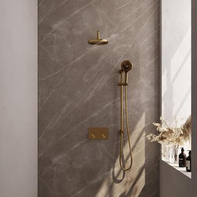 Brauer Gold Carving Thermostatische Regendoucheset Inbouw - Hoofddouche 20 cm - Gebogen Wandarm - Met Drukknoppen - Handdouche 3 Standen - Doucheslang - Geintegreerde Glijstang - Geborsteld Goud
