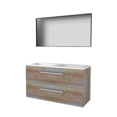 Basic-Line Framed 46 Badkamermeubelset - 120 x 46 cm - Met Grepen - 2 Lades - Acryl Wastafel - Zonder Kraangat - Spiegel met Zwart Aluminium Frame - Scotch Oak