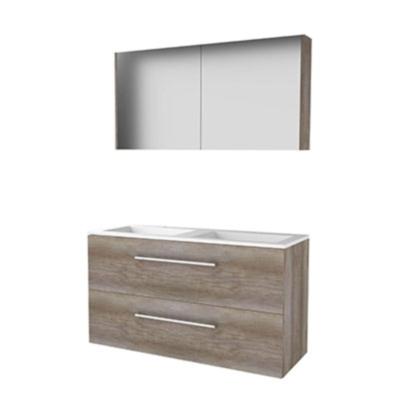 Basic-Line Comfort 46 Badkamermeubelset - 120 x 46 cm - Met Grepen - 2 Lades - Acryl Wastafel - 2 Kraangaten - Spiegelkast - Scotch Oak