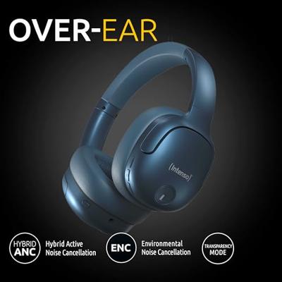Intenso O400HA Over-Ear Hoofdtelefoon, hybride actieve ruisonderdrukking, tot 75 uur looptijd en Bluetooth 5.3, met muziekmodus, transparantiemodus en snelle oplaadtijd, blauw