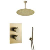 Fortifura Calvi Inbouw Regendoucheset - thermostatisch - plafondarm - 30cm hoofddouche - staaf handdouche - metalen doucheslang - geborsteld Messing PVD (Goud) SW706206/SW1139122/SW720557/SW720569/SW720570/SW11 - thumbnail