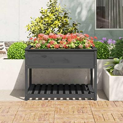 Plantenbak met schap 111,5x111,5x81 cm massief grenenhout grijs