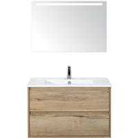 Porto Badmeubelset 90 cm - Natuur Eiken - Keramische Wastafel Wit Slim met Sence Spiegel - thumbnail