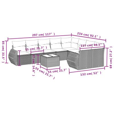 9-delige Loungeset met kussens poly rattan bruin