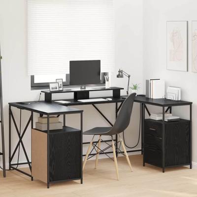Bureau met lade Zwart eiken 182 x 101 x 87.5 cm Bewerkt hout