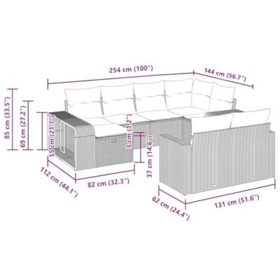 10-delige Loungeset met kussens poly rattan bruin