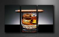 Canvas Schilderij - Whiskey en Sigaar, Bruin/Grijs, 160X90cm, 3luik - thumbnail