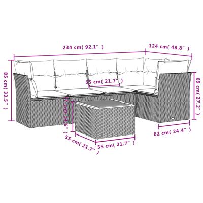 6-delige Loungeset met kussens poly rattan grijs - thumbnail
