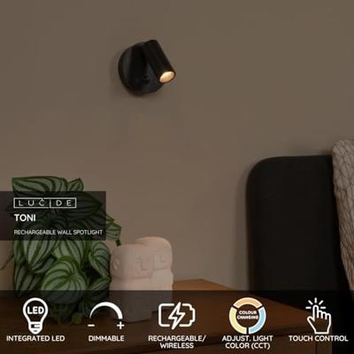 Lucide TONI - Oplaadbare Wandspot / Wandlamp - Accu/Batterij - Ø 8,1 cm - LED Dimb. - CCT - 1x2W 2700K/4000K - Bewegingssensor (uitschakelbaar) - Magnetisch - Zwart