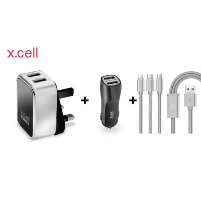 Xcell Dual USB Home Charger Xcell Car Charger with Charging Cable