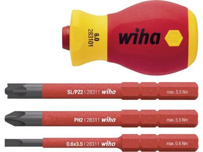 Wiha schroevendraaier met bithouderset electric slimvario (rood/geel, stubby 4-delig met slimbits)