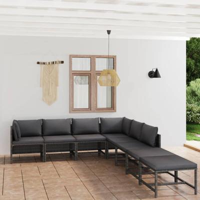 8-delige Loungeset met kussens poly rattan grijs