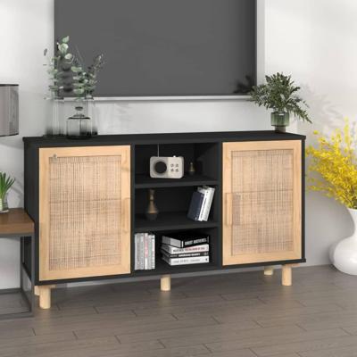 Dressoir 105x30x60 cm massief grenen hout en rattan zwart