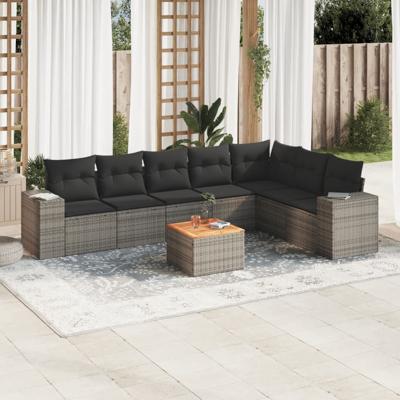 8-delige Loungeset met kussens poly rattan grijs