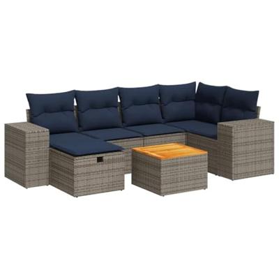7-delige Loungeset met kussens poly rattan grijs