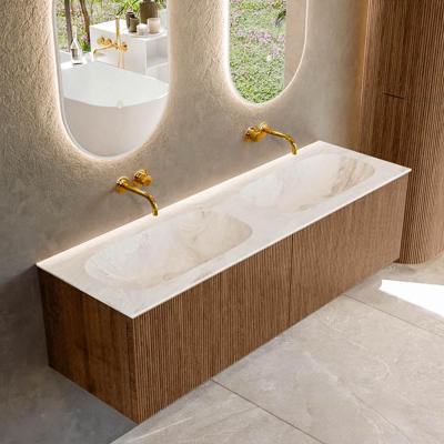 Mondiaz KURVE-DLUX 150 cm Onderkast Greeploos 2 Lades Zonder Deuren Walnut, Wastafel Solid Surface Dubbel Frappe 0 Kraangaten Zonder Spiegel (KRVSTS1502L0D0KD-Wal/Fra)