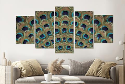 Schilderij -Pauw Veren, 5 luik, 200x100cm, premium print