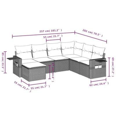 7-delige Loungeset met kussens poly rattan zwart
