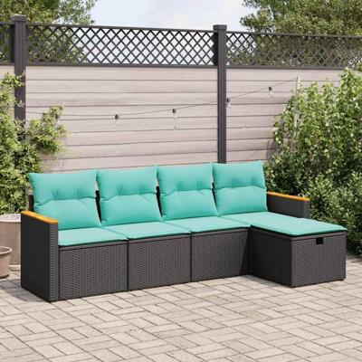 5-delige Loungeset met kussens poly rattan zwart