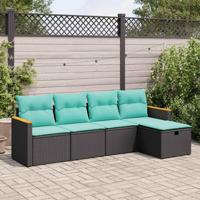 5-delige Loungeset met kussens poly rattan zwart - thumbnail