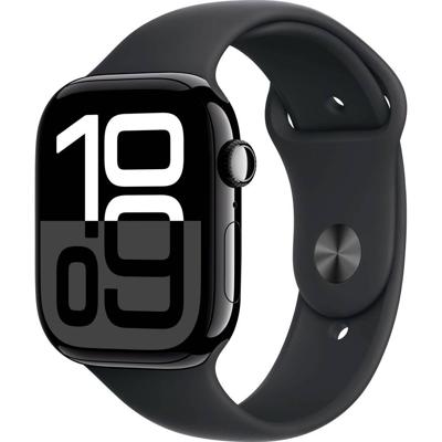 Apple Watch Series 10 (GPS 46 mm) Smartwatch - Kast van gitzwart aluminium - Zwart sportbandje (M/L). Conditie bijhouden, Ecg-app, always on Retina-display, waterbestendig