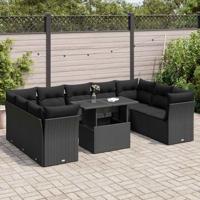 10-delige Loungeset met kussens poly rattan zwart - thumbnail