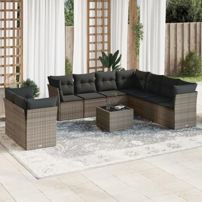 9-delige Loungeset met kussens poly rattan grijs - thumbnail