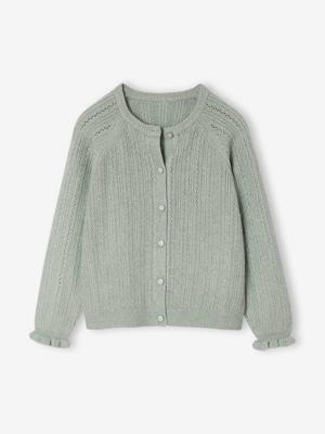 Meisjesvest van opengewerkt breiwerk saliegroen Meisjesvest van opengewerkt breiwerk saliegroen