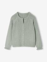 Meisjesvest van opengewerkt breiwerk saliegroen - thumbnail