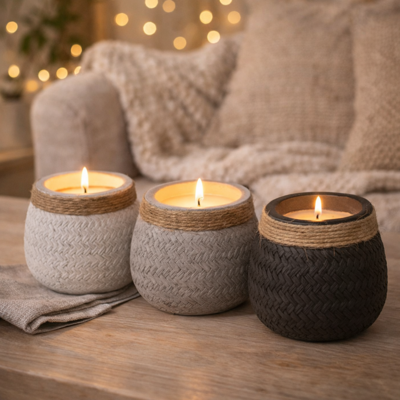 kaarsen in cementen pot met jutedecoratie - 10,8 x 8,8 cm - 3 kleuren