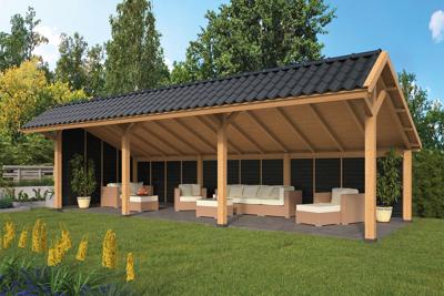 Tuindeco Bergen L Kapschuur type 6 678x306 cm Lariks/Douglashout blank en Zweeds rabat zwart- Kapschuurdak- Onbehandeld lariks Douglas hout- Tuindeco