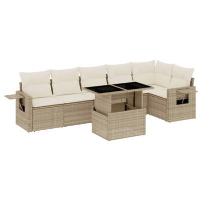 7-delige Loungeset met kussens poly rattan beige - thumbnail