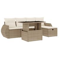 6-delige Loungeset met kussens poly rattan beige - thumbnail