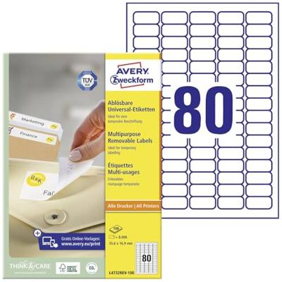 Avery-Zweckform L4732REV-100 Universele etiketten 35.6 x 16.9 mm Papier Wit 8000 stuk(s) Weer verwijderbaar Inkjet, Laser (zwart/wit), Laser (kleur), Kopiëren Avery-Zweckform L4732REV-100 Universele etiketten 35.6 x 16.9 mm Papier Wit 8000 stuk(s) Weer verwijderbaar Inkjet, Laser (zwart/wit), Laser (kleur), Kopiëren