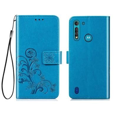Voor Motorola Moto G8 Power Lite Vierbladige gesp reliëf gesp mobiele telefoon bescherming lederen case met Lanyard & Card Slot & Wallet & Bracket Fu