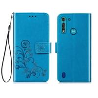 Voor Motorola Moto G8 Power Lite Vierbladige gesp reliëf gesp mobiele telefoon bescherming lederen case met Lanyard & Card Slot & Wallet & Bracket Fu - thumbnail