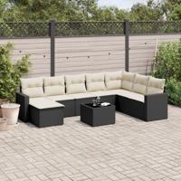 9-delige Loungeset met kussens poly rattan zwart - thumbnail