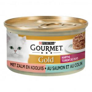 Gourmet Gold Hartig Torentje Duo met zalm en koolvis natvoer kat (24x85 g) 1 tray (24 x 85 g)