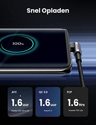 UGREEN USB Type C Kabel 90 Graden Ondersteunt Quick Charge 4.0/3.0/2.0 Snel Opladen Nylon Kabel Compatibel met Galaxy S21 S20 Note 10 A51, Redmi Note 9 Pro Note 9, Huawei P40 Pro P30 enz.(1M)