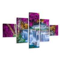 Schilderij - Waterval en paarse bomen, 5luik, premium print - thumbnail