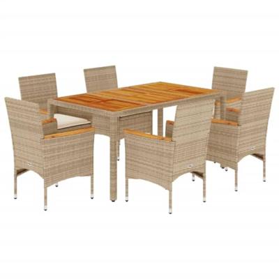 7-delige Tuinset met kussens poly rattan en acaciahout beige