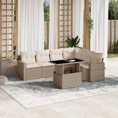 7-delige Loungeset met kussens poly rattan beige - thumbnail