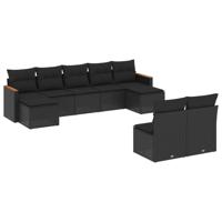 9-delige Loungeset met kussens poly rattan zwart - thumbnail