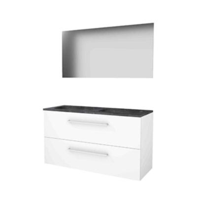 Basic-Line Ultimate 46 Badkamermeubelset - 120 x 46 cm - Met Grepen - 2 Lades - Hardstenen Wastafel - 2 Kraangaten - Spiegel met Indirecte LED Verlichting - Ice White